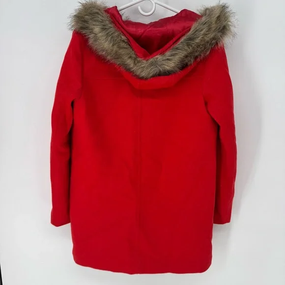 J. Crew cottagecore wool blend Red hoodie Pea Coat with Fur Hood size 10 - Picture 4 of 9